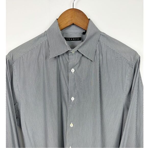 Theory Sylvain Striped Button Down Long Sleeve Dress Shirt Gray White Size Large - Picture 3 of 8